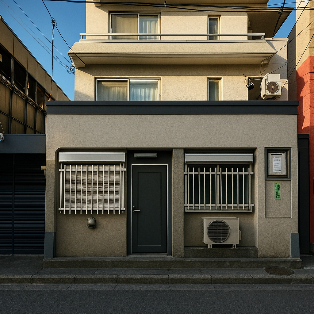 小さなエアコン室外機が設置されたシンプルな2階建て住宅の外観