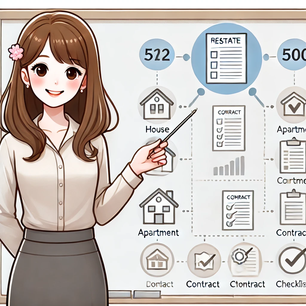 不動産契約について説明する女性のイラスト画像（マンスリーマンションと通常の賃貸契約の違い）