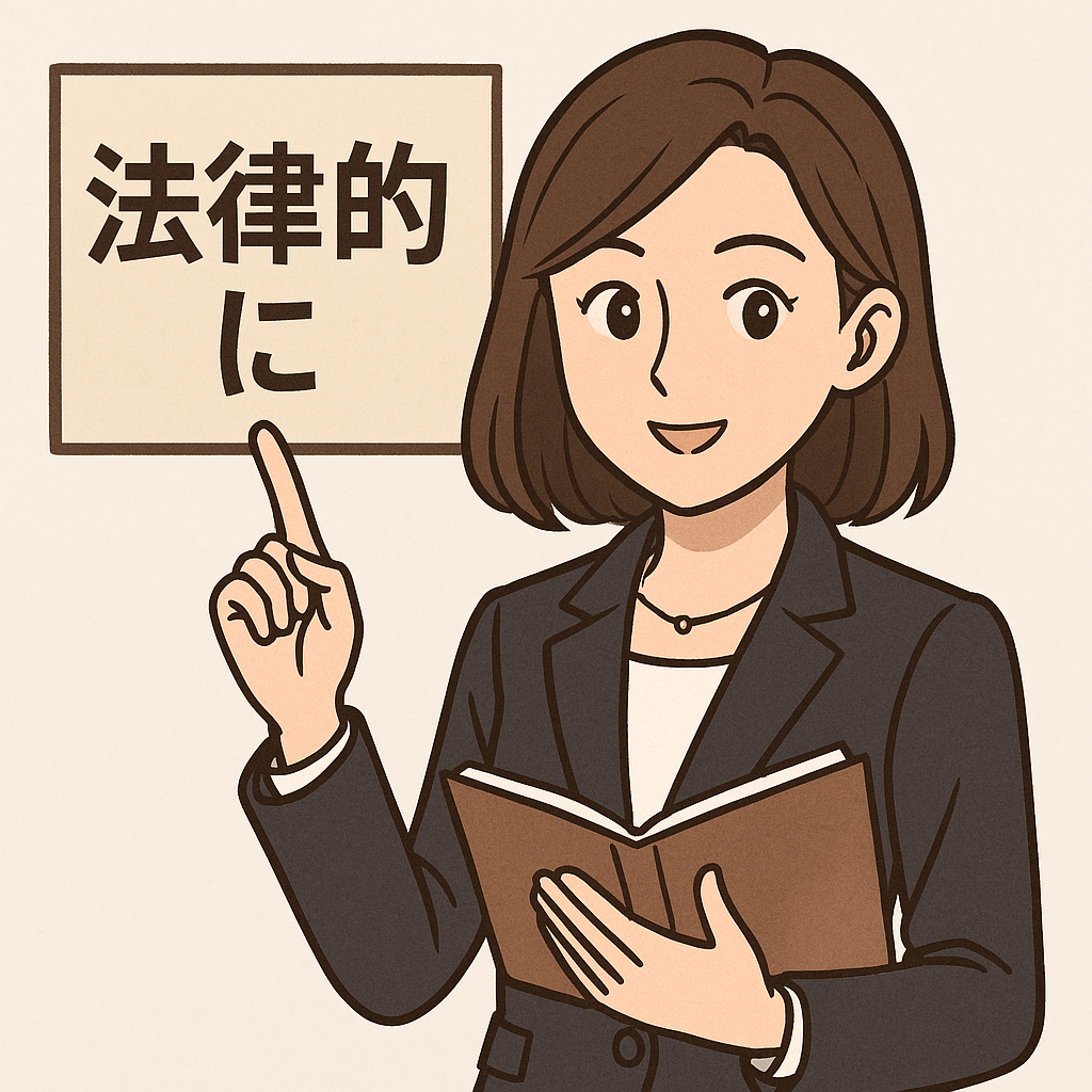 法律について説明する女性のイラスト。スーツ姿で本を持ち、「法律的に」と書かれたパネルを指さしている。