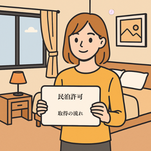 江戸川区で民泊許可を取得する女性イラストと室内の様子