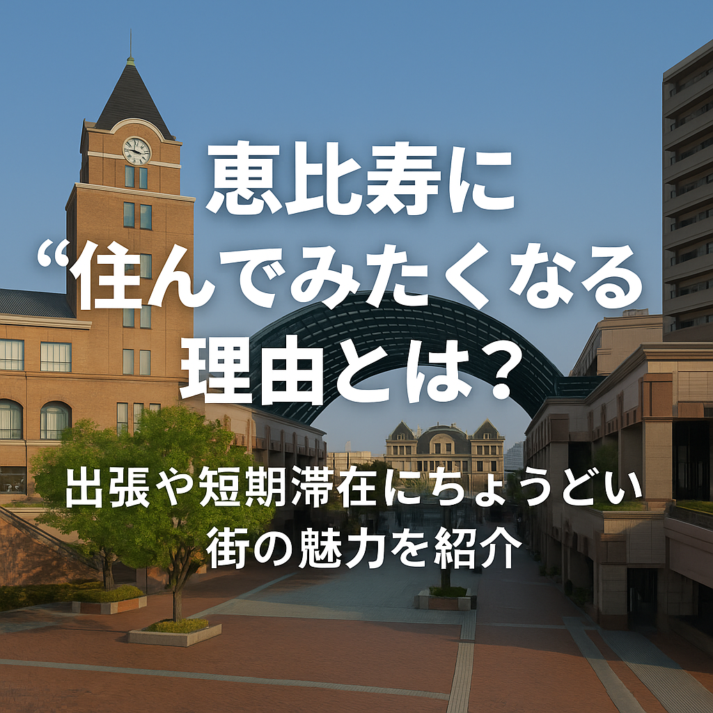 恵比寿ガーデンプレイスの時計塔とヨーロッパ風の建物を背景に、「恵比寿に住んでみたくなる理由とは？出張や短期滞在にちょうどいい街の魅力を紹介」と書かれたプロモーション画像