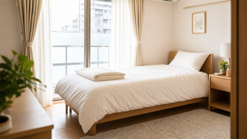 日本の寝具と布団を明るい寝室に整えた画像